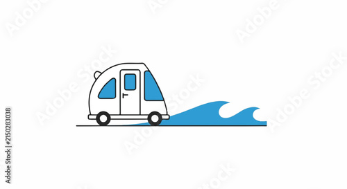 A minimalist white work pod on wheels positioned next to a single blue wave line, depicting coastal remote working. minimalist flat vector artwork, clipart style, absolute solid block colors,