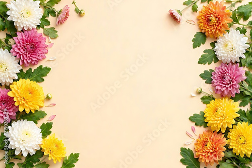 Flat lay composition with beautiful colorful chrysanthemum flowers arranged as a frame on beige background with copy space