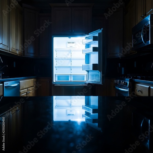 Empty refrigerator glowing in dark kitchen, open fridge with bright blue light, hungry late night snack concept, lonely kitchen interior