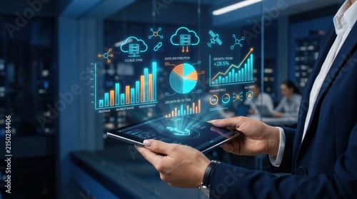 Businessman holding tablet displaying holographic data charts, cloud sync and growth analytics in futuristic office, representing big data analysis, digital transformation