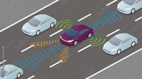Autonomous car driving on highway with sensor waves detecting traffic and obstacles, illustrating self-driving vehicle technology, artificial intelligence, smart transportation