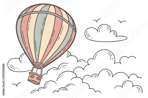 Hot air balloon vector illustration featuring pastel striped fabric floating above soft white clouds in a gentle dreamy summer sky
