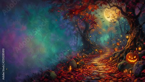 Enchanted Halloween Forest Path with Glowing Pumpkins, Autumn Leaves, Moonlight, Mist and Colorful Painterly Fantasy Landscape