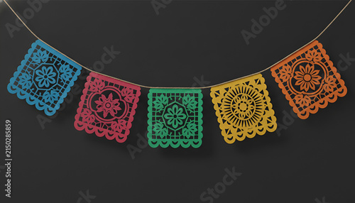 Colorful Mexican papel picado garland banner for Cinco de Mayo or Hispanic Heritage Month vector illustration isolated on dark background