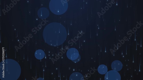 Dark blue background featuring falling light streaks and glowing bokeh circles in motion animation video footage
