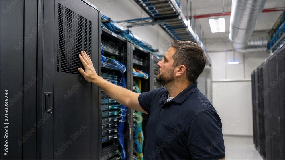 Fototapeta premium IT Technician Touching Server Rack Cabinet In Data Center