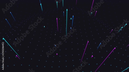 Abstract digital particle field animation with rising glowing neon lines in smooth motion video footage