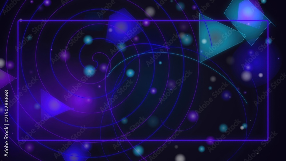 Obraz premium Blue spiral orbits and geometric triangles with glowing particles on a dark background frame