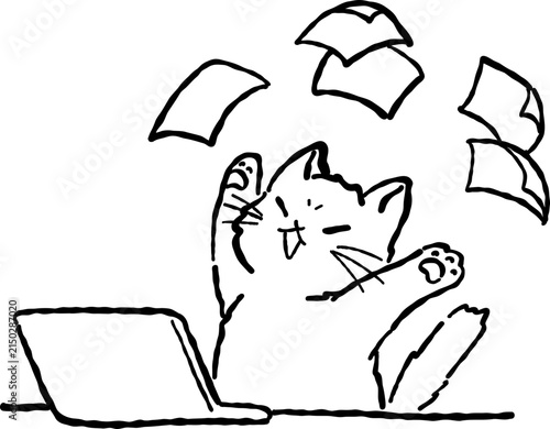 Cat Working on Laptop Throwing Papers