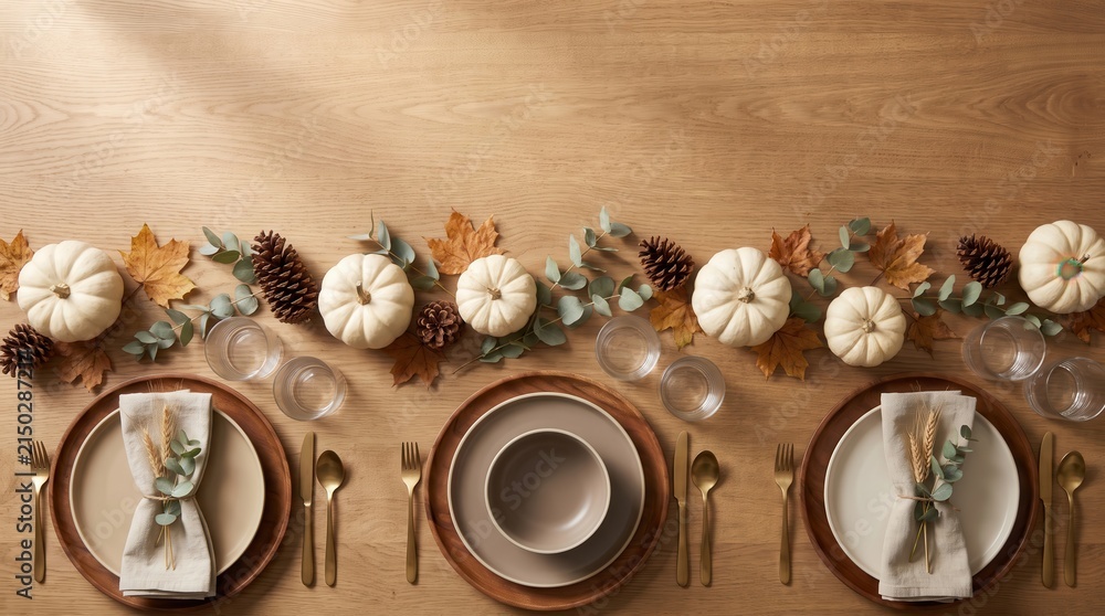 Obraz premium Elegant Thanksgiving Table Setting with White Pumpkins and Natural Decor