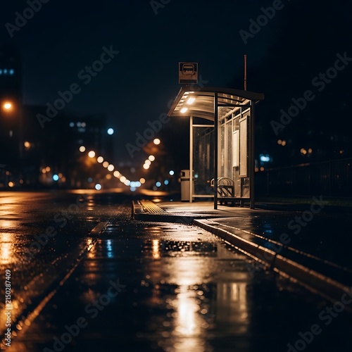 Cinematic bus stop at night, illuminated urban shelter on wet asphalt. Moody city street with rain reflections and warm bokeh lights.