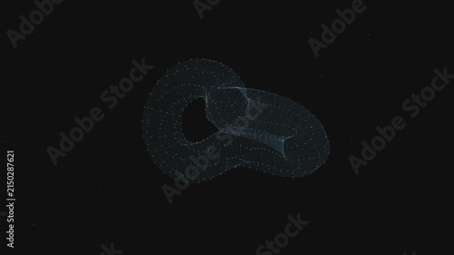 Rotating digital wireframe torus shape floating in dark space creating smooth motion animation background screen capture