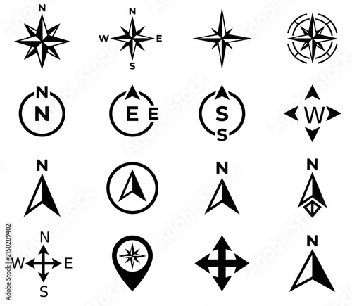 Collection of navigational wind rose and directional compass icons with navigation direction collection location orientation wayfinding geographic elements adventure