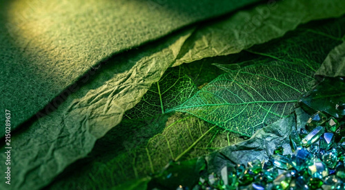 Macro green felt fabric with botanical leaf veins, mesh and sparkling beads