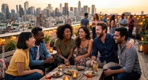 Diverse friends enjoying rooftop party with cityscape view