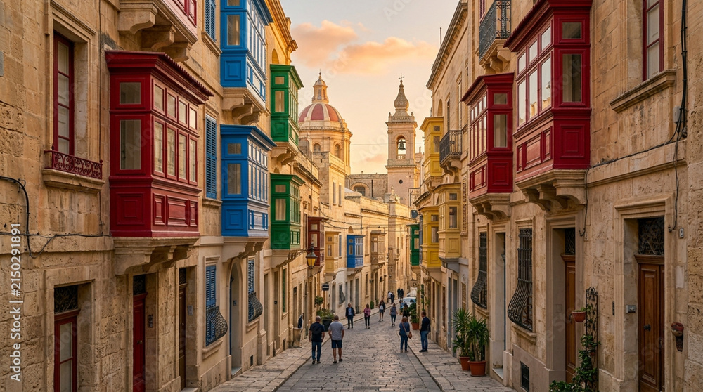 Fototapeta premium Charming Street with Colorful Balconies in Valletta, Malta at Golden Hour