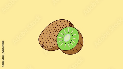 A kiwi floats smoothly and loops in a flat animation, a fresh and colourful fruit with a fun, modern, and vibrant look, bringing a healthy and refreshing tropical feel to the design