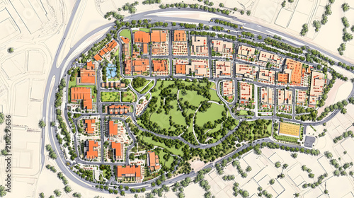 Top down city plan layout with zones and color coded areas.