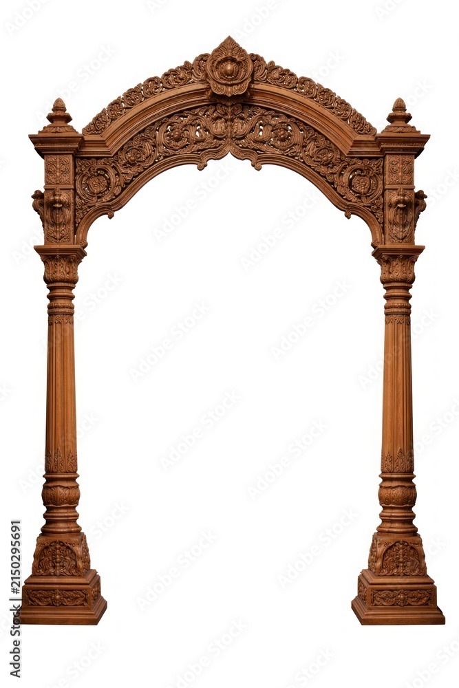 Fototapeta premium Intricately carved wooden arch with ornate floral and geometric designs.
