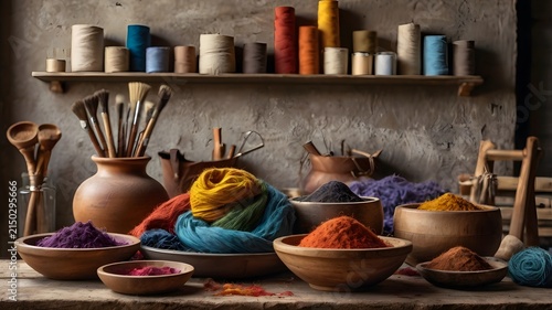 Traditional Fabric Dyeing Workshop with Colorful Textile Materials