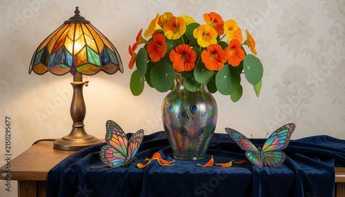 Still life with nasturtium flowers in a glass vase, glowing stained glass lamp, and decorative butterflies on velvet