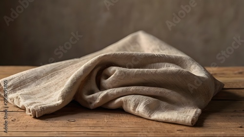 Soft Natural Linen Fabric Folded on Rustic Wooden Table
