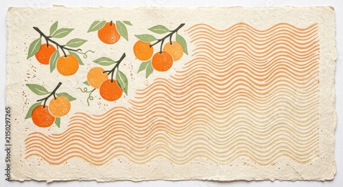 Orange Citrus Fruit Branches Illustration on Handmade Paper Background with Wavy Pattern Linocut Block Print Design