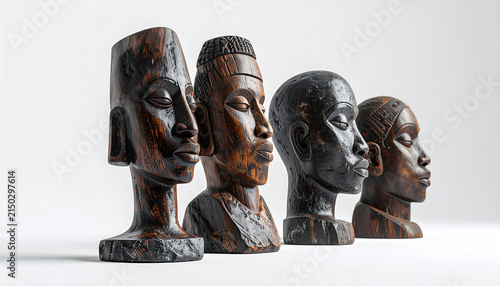 African Heritage Carvings: Four intricately carved wooden busts, representing diverse African faces and cultural heritage, stand in profile, showcasing the beauty of traditional craftsmanship.