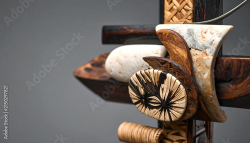 Abstract Sculpture Detail: A close-up view of an intricately crafted abstract sculpture, featuring a harmonious blend of natural materials like wood and stone.