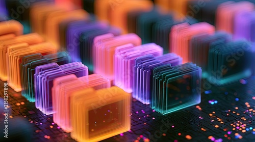 Rows of luminous, translucent digital folders glowing in vibrant orange and purple