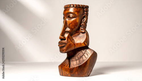 African Wooden Sculpture: An intricately carved wooden sculpture of an African bust, showcasing detailed craftsmanship and cultural artistry, set against a subtly lit background.