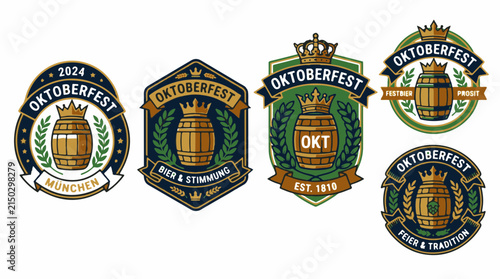 Oktoberfest Badges with Barrels Crowns and Laurel Wreaths