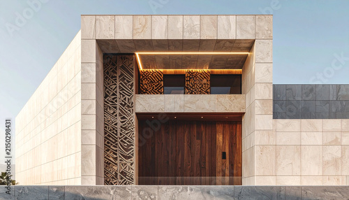 Modern Facade Architecture: A striking modern building facade showcases a blend of natural stone and wood, featuring intricate metalwork and warm, ambient lighting.