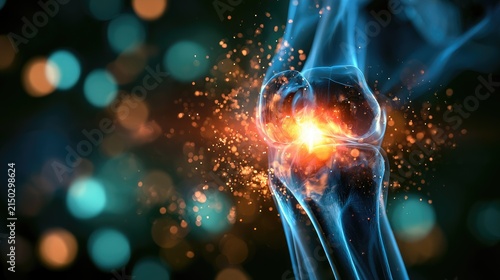 Glowing blue skeletal knee joint with orange sparks of energy