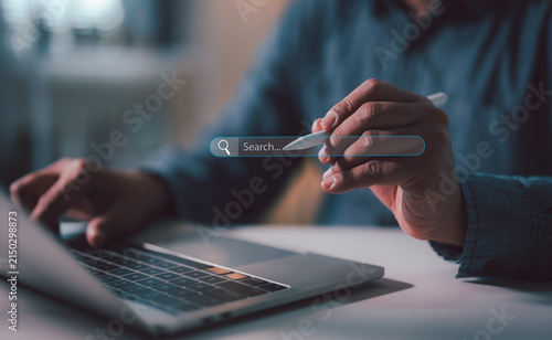 Data management digital communication tool productivity modern interaction. Businessman uses tools search for information, AI assistant represent smart technology, artificial intelligence innovation.