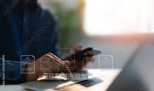Businessman typing and using laptop computer communicates on internet technology on office desk. Workplace, Businessman professional working on new job project. Business technology concept.
