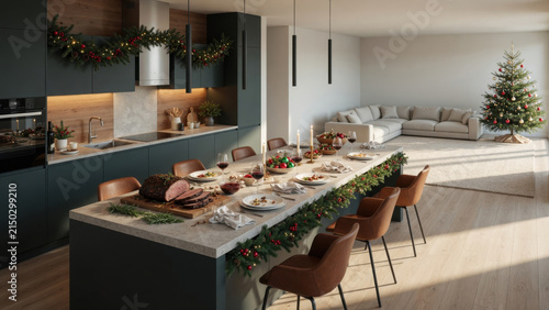 Christmas dining table holiday dinner festive decoration modern kitchen family celebration roast meat wine glass candle light cozy home winter season Messy kitchen after Christmas dinner concept