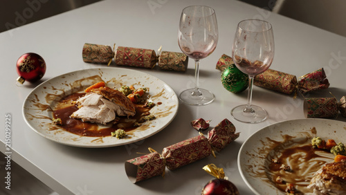 Christmas dinner table leftover turkey gravy cracker glass ornament celebration messy festive holiday sadness and warmth linger Messy kitchen after Christmas dinner concept