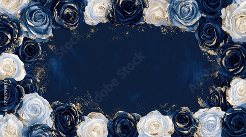 Elegant floral frame with deep blue, white, and gold roses on a textured background