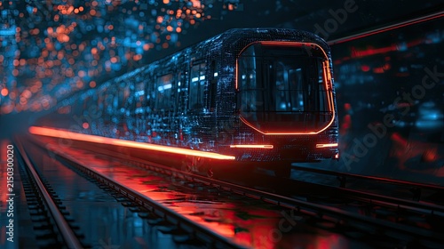 Futuristic train speeds through a neon-lit, glowing, dark tunnel