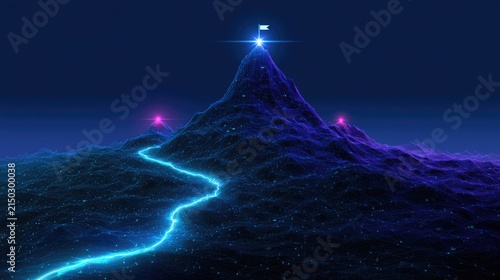 Neon path ascends a digital mountain range towards a shining summit flag