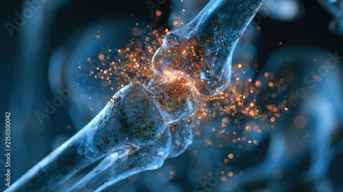 Detailed X-ray view of a glowing, inflamed joint with radiating particles