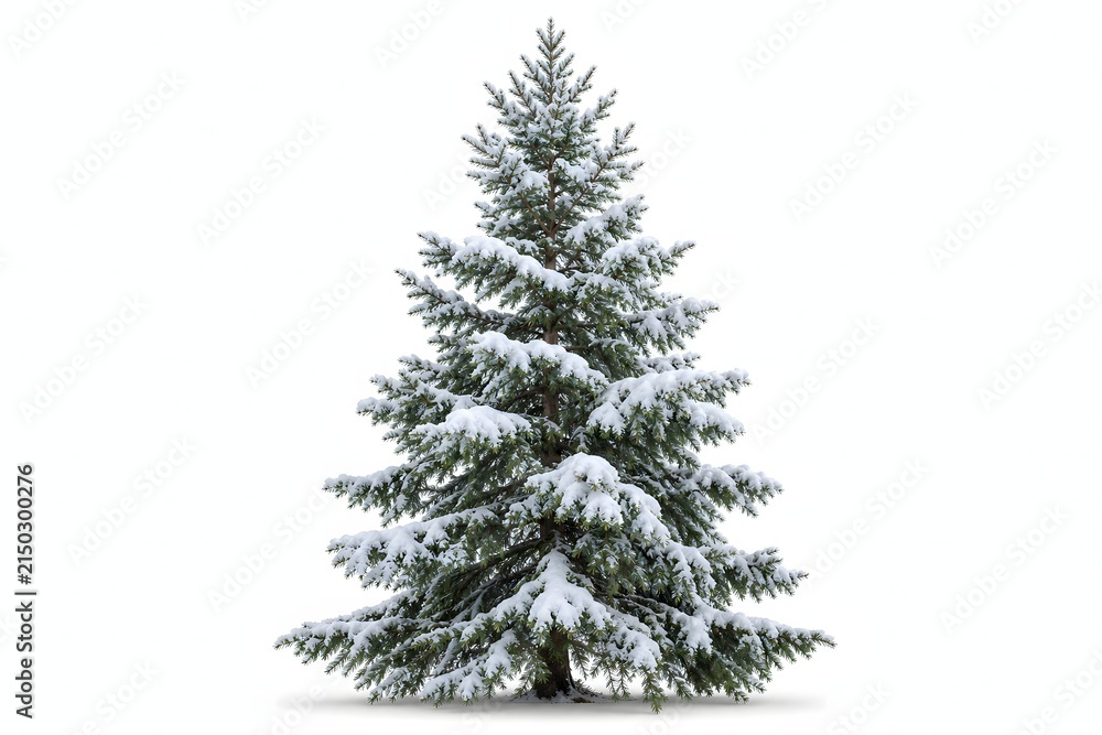 Fototapeta premium Snow covered evergreen spruce tree isolated on white background.