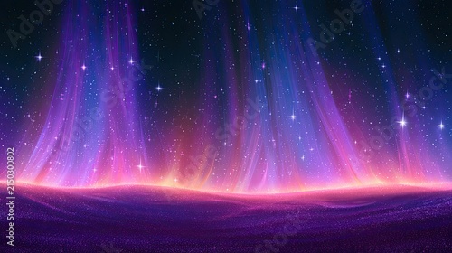 Ethereal celestial display of vibrant aurora lights over a sparkling, alien landscape