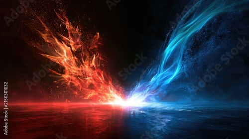 Explosive clash of opposing fiery red and icy blue energy forms
