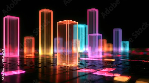 Abstract glowing translucent bars rise from a dark, illuminated grid