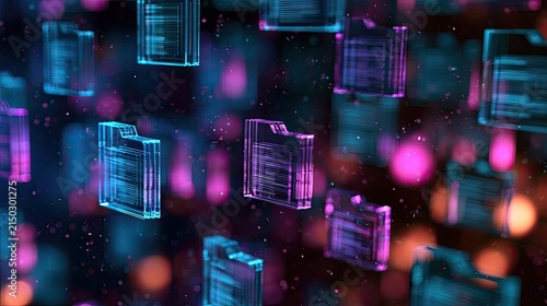 Digital folders shimmer with data, set against a blurred, bokeh-rich background
