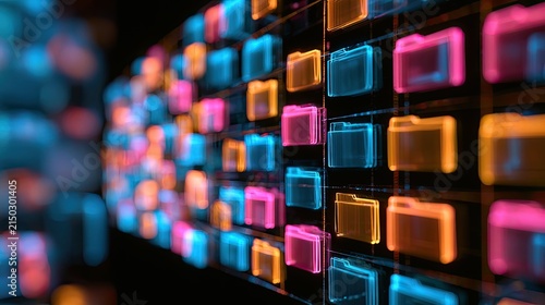 Abstract digital grid of glowing folder icons in neon blue, pink, and orange