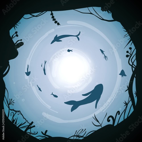 circular underwater silhouette scene vector style fish swirl animated loop background illustration