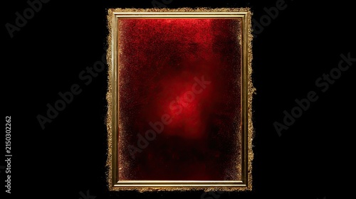 Ornate, weathered frame encases a dimly lit, hazy, crimson interior